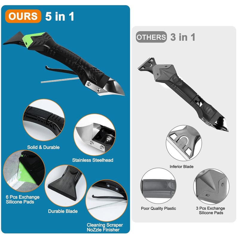Ailewei Silicone Caulking Tool,5 in1 caulk remover tool with Grout Scraper,caulking tool kit，Adhesive Residue Scraper Seam Repair Tool Kit for Kitchen Bathroom - Image 3